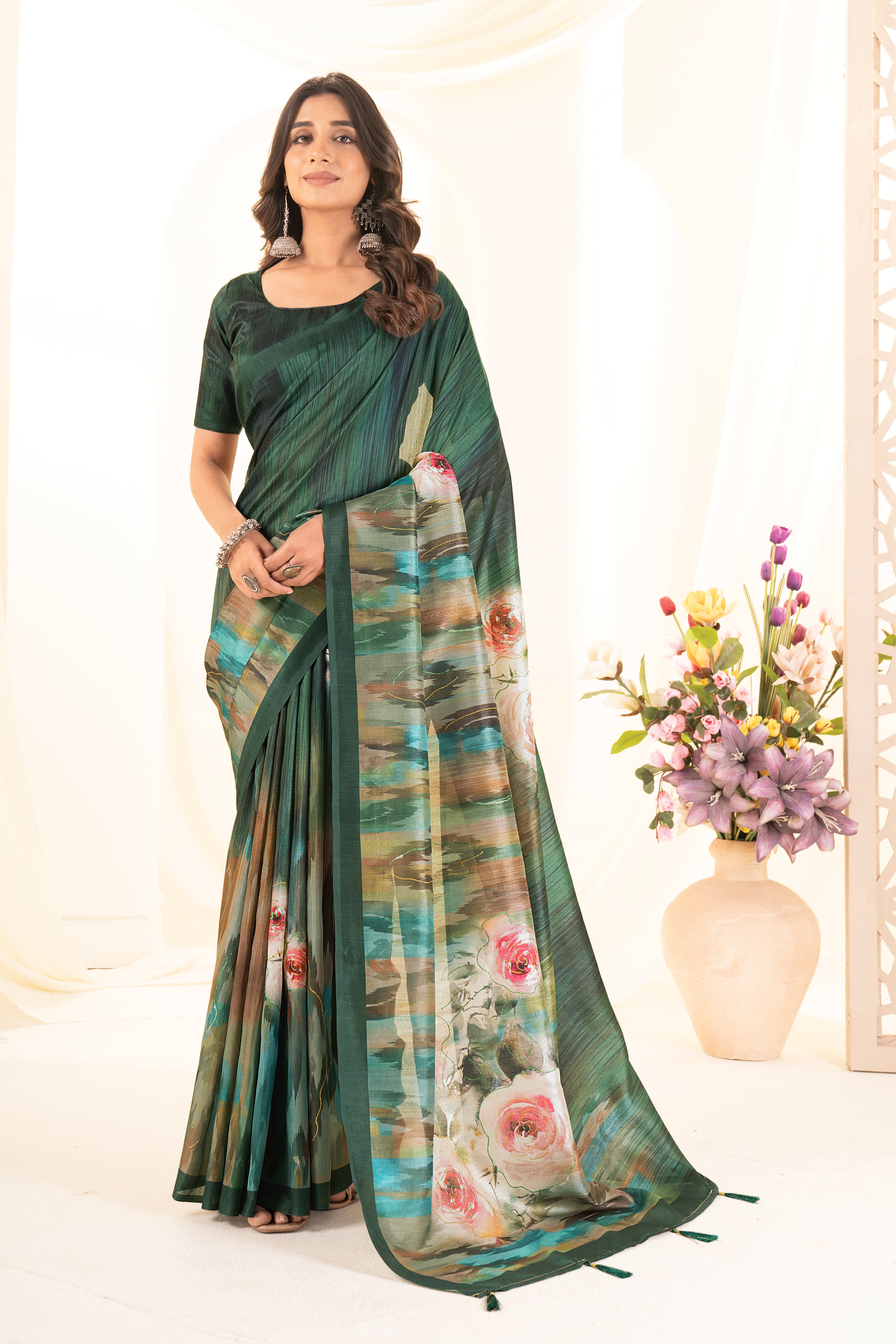 Bottle Green Tussar Silk Saree